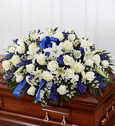 Blue and White Grace Casket Flowers from Antonina's Floral Design, your florist in Hardy,VA