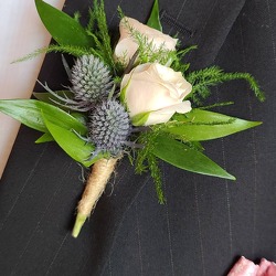 Double Sweetheart & Blue Thistle Boutonniere from Antonina's Floral Design, your florist in Hardy,VA