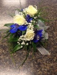 Rose and Delphinium Wristlet from Antonina's Floral Design, your florist in Hardy,VA