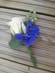 White Rose and Blue Delphinium Boutineer from Antonina's Floral Design, your florist in Hardy,VA